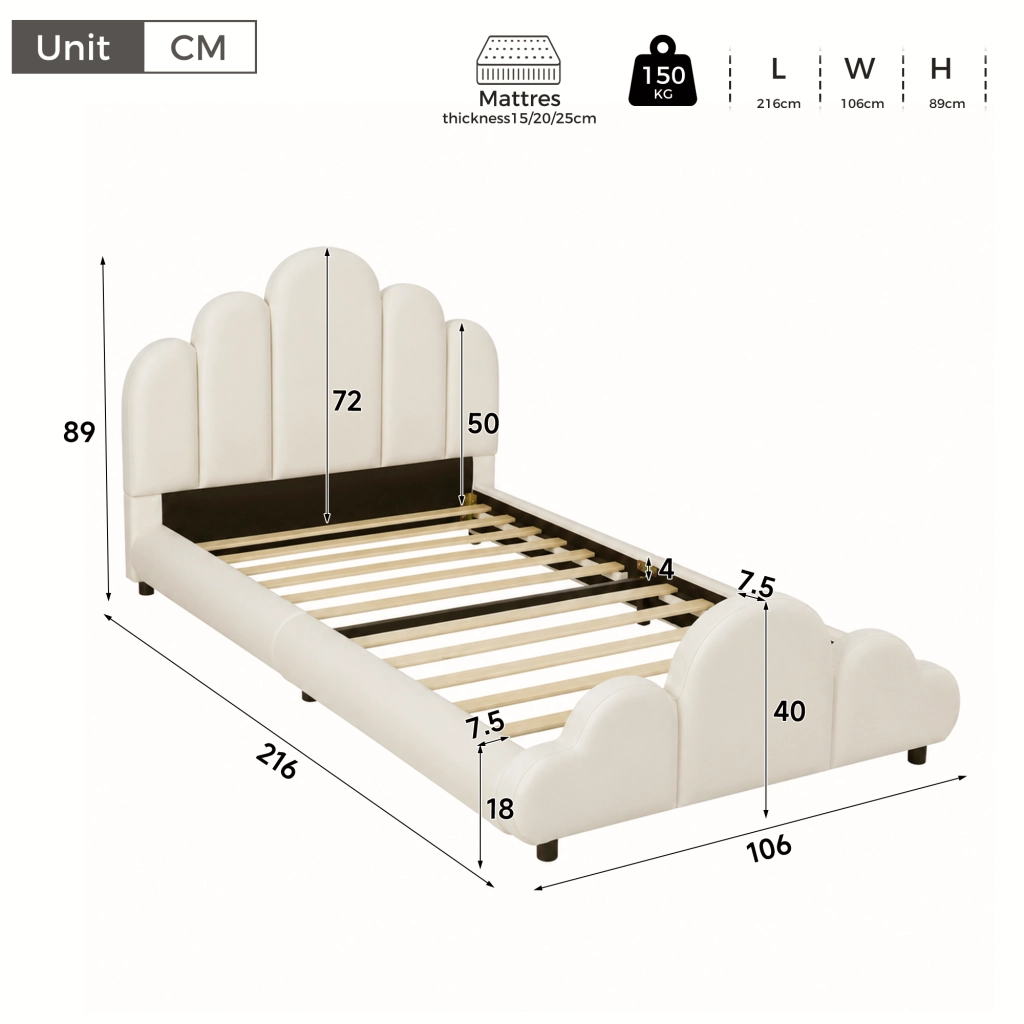 Letto singolo imbottito 90x200 cm in velluto beige con testiera, struttura arrotondata e rete inclusa