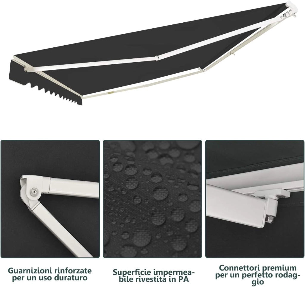 Tenda da Sole per Esterno, Tenda da Sole a Bracci Estensibili con Telaio in Alluminio, Tettuccio Resistente al Sole e Impermeabile e Manovella (4 x 2,5 M, Grigio)