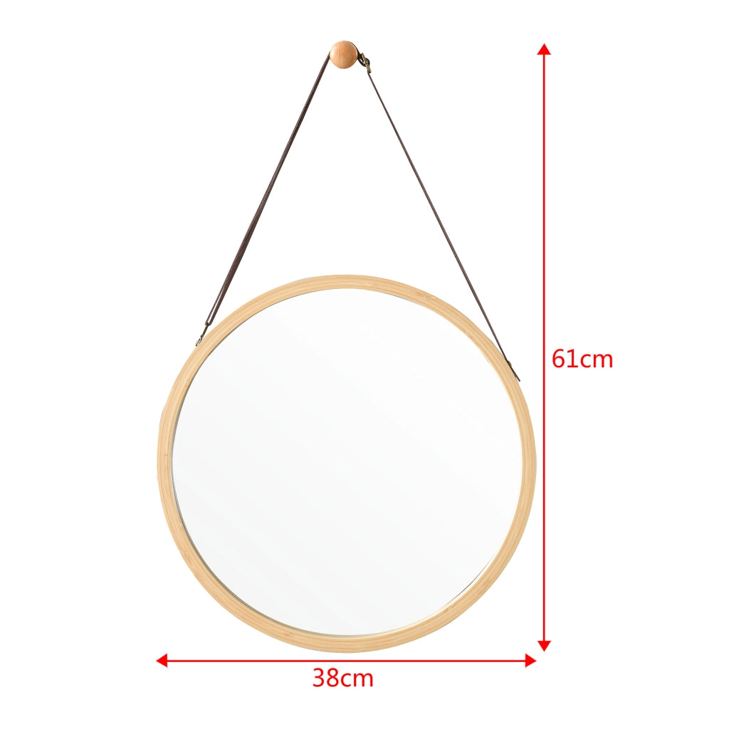 Specchio Sospeso 'Bykle' Rotondo Ø 38 cm Cornice in Bambù e Cintura Regolabile in Lunghezza [en.casa]