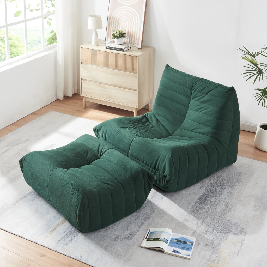Set Kodsø di Poltrona Bassa e Pouf Poggiapiedi Imbottiti in Velluto a Coste - Verde [en.casa]