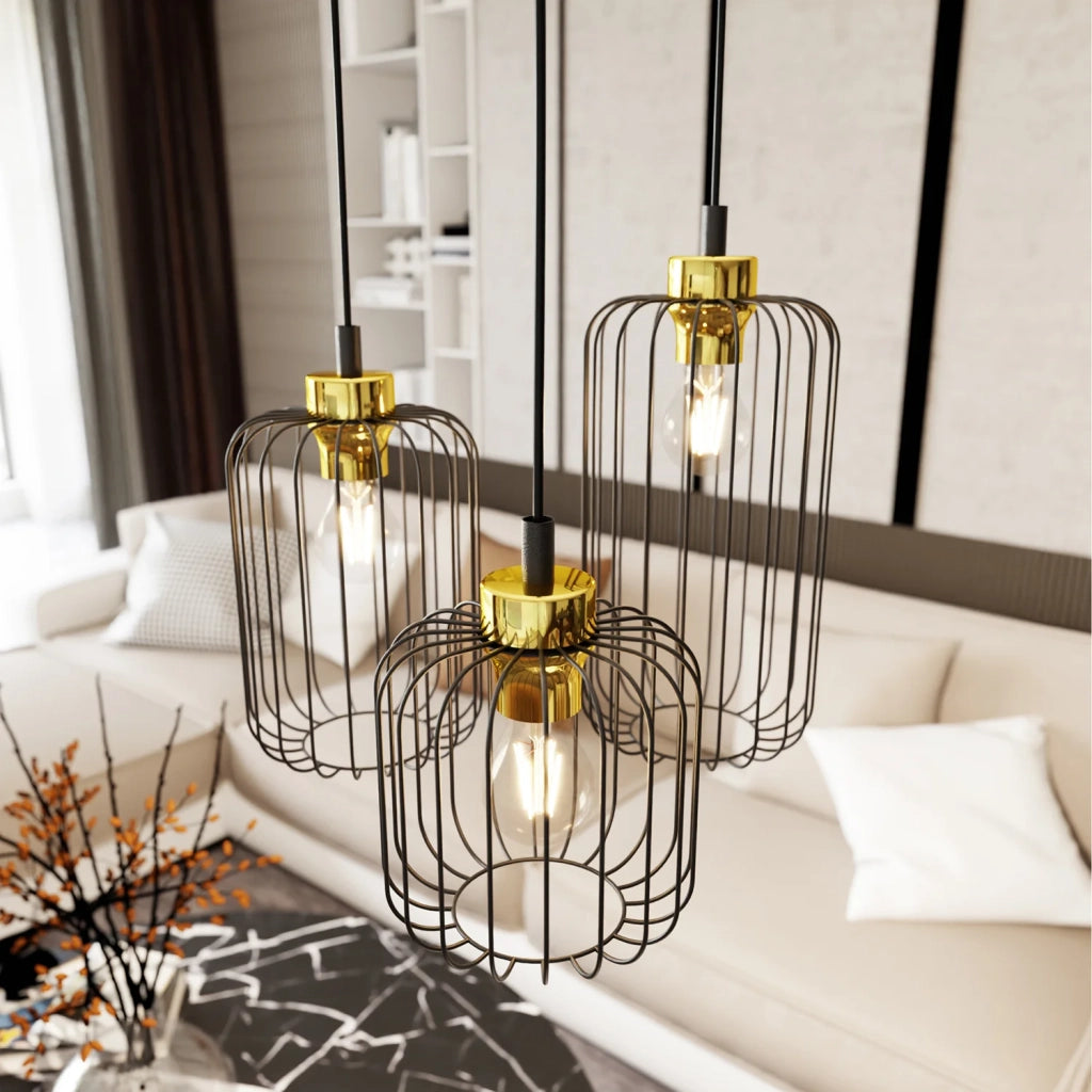 Sospensione Minimal Industrial Minerva 3 Luci Tonda Nera E Oro