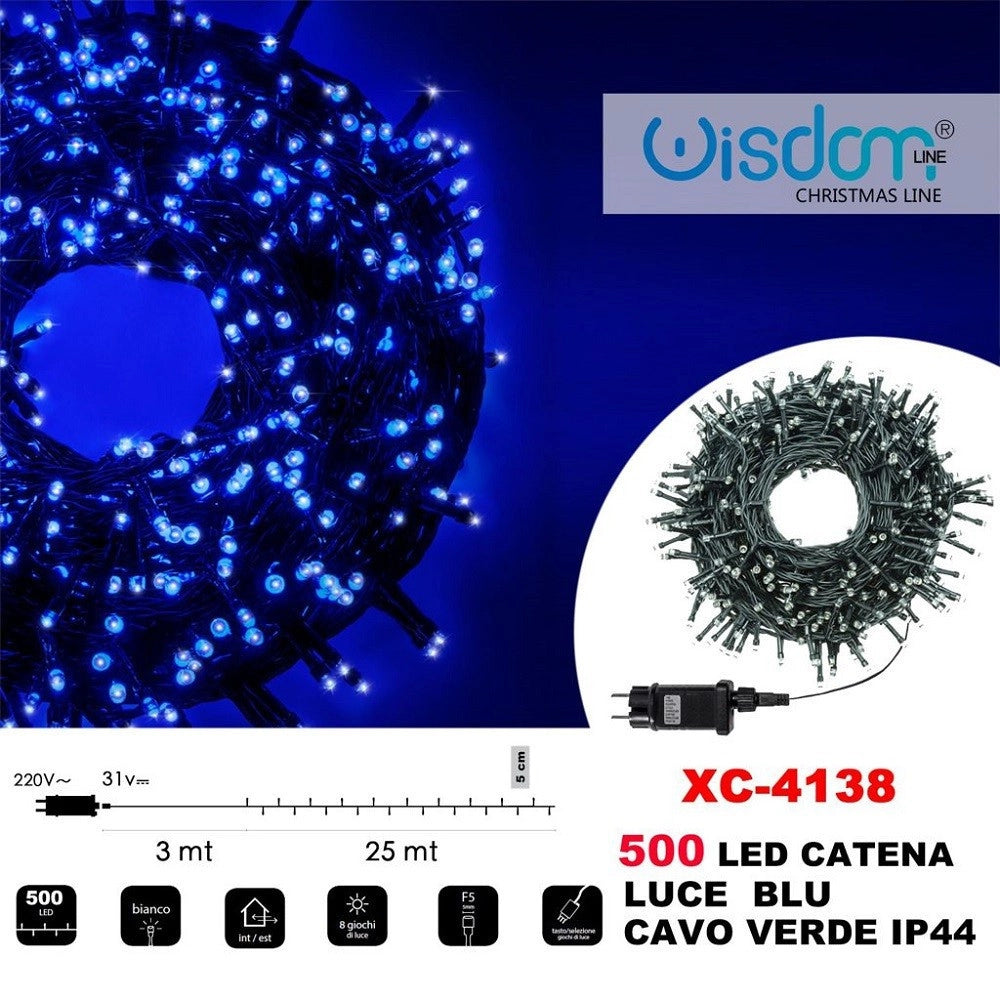 Trade Shop - Catena Luminosa 500 Luci Led Lucciole Luce Blu Cavo Verde Ip44 Xc-4138 -