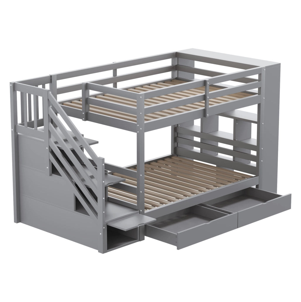 Letto a castello per bambini 90x200 cm con scala contenitore e cassetti; grigio
