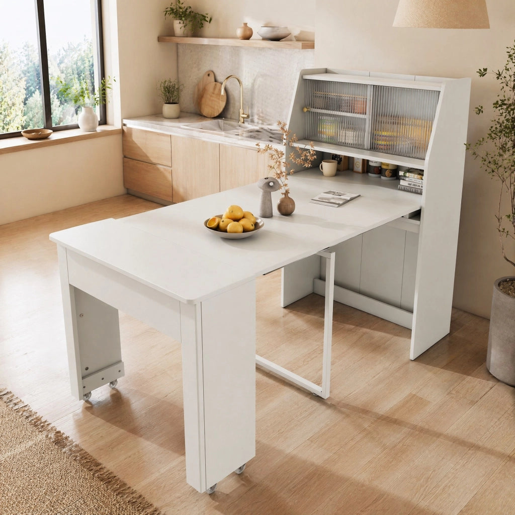 Tavolo da pranzo allungabile 52-132,5 cm con vano contenitore, bianco, in truciolare e vetro
