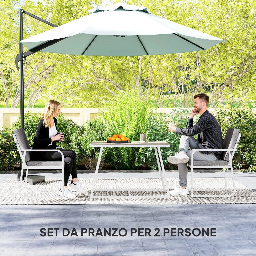 EasyComfort Set da Esterno 3 Pezzi con 2 Sedie con Braccioli e Cuscini e Tavolo con Piano in Vetro, Bianco