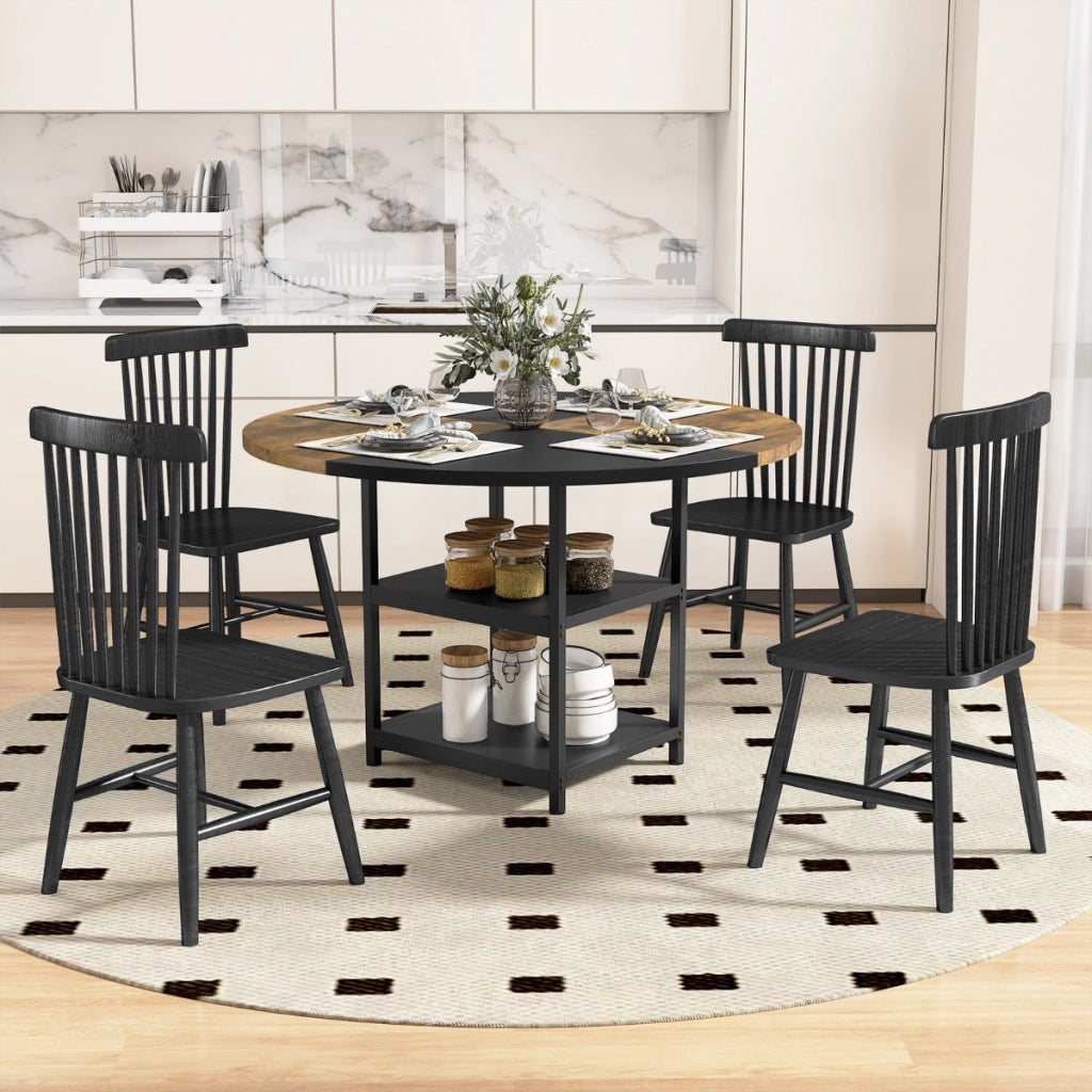 Tavolo da pranzo rotondo da cucina in legno diametro design bicolore a blocchi-Tavolo ripiani portaoggetti e gambe in metallo