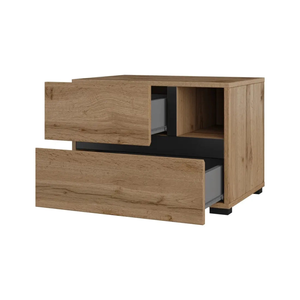 Camera completa HAVANA in rovere e nero – Letto 180x200, armadio a 4 porte, comodini e cassettiera