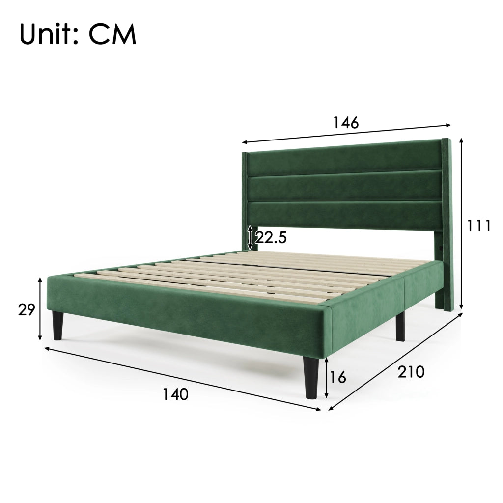 Letto matrimoniale imbottito 140x200 cm con testiera, rete a doghe e contenitore sottoletto, verde scuro