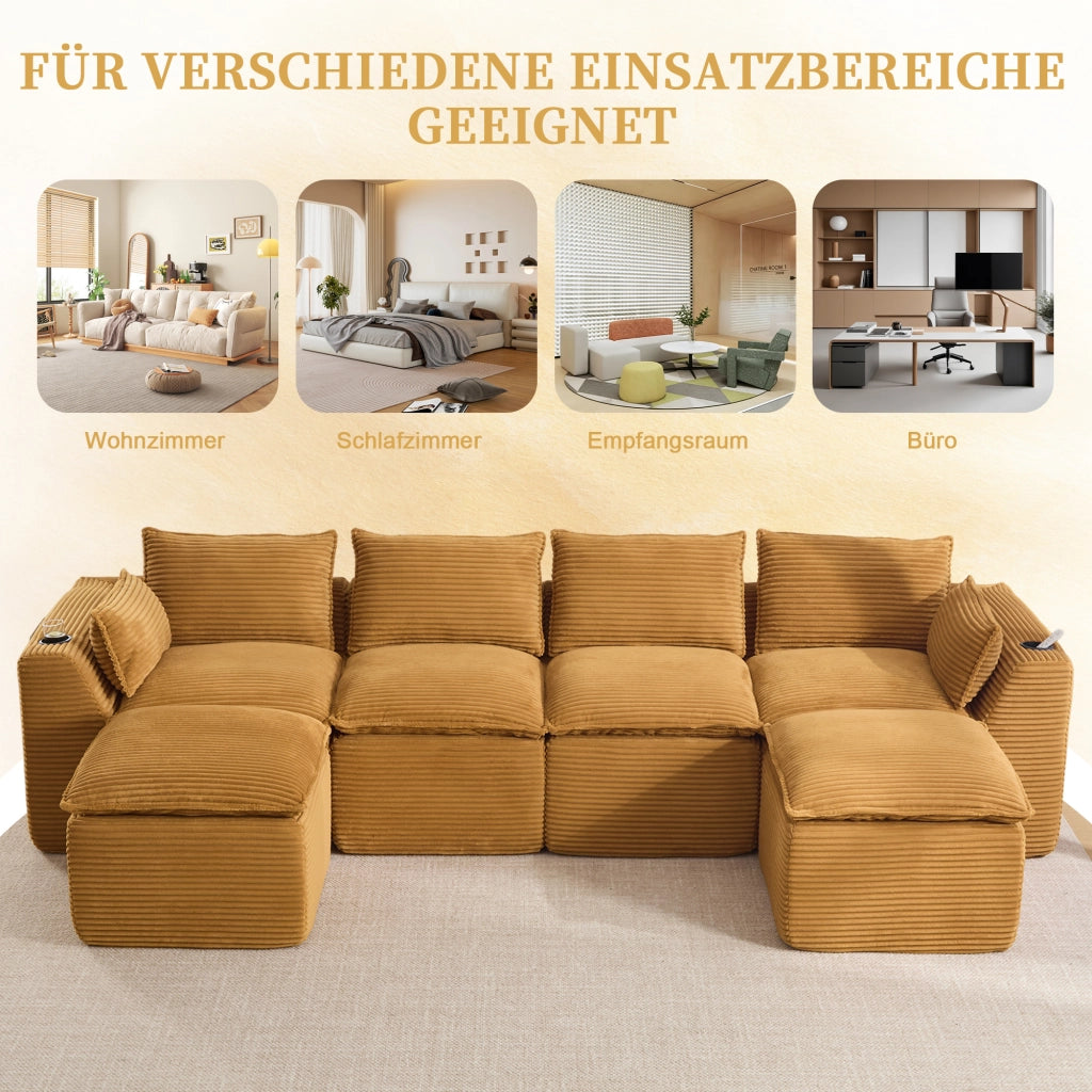 Divano modulare con tasche laterali cuscini schiuma e molle in velluto a coste arancione 322 × 161 × 75 cm
