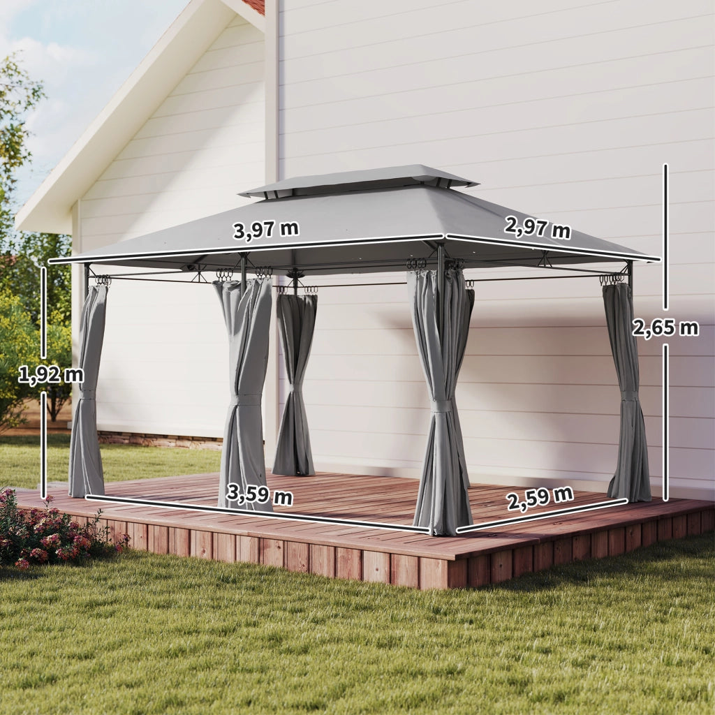 Gazebo da Giardino Tetto Doppio ¨C Xylo ¨C 6 Pannelli Laterali Impermeabile 4x3m Grigio Scuro