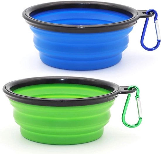 Set di 2 Porteoggetti Flessibili - Ciotole Leggere per Cibo e Bevande per Cani e Gatti - Con Grappe - Adatte per Campeggio e Escursioni (Blu + Verde)