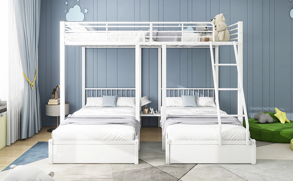DESMIU Letto a castello 3 posti 140 × 200 cm e 2 × 90 × 200 cm con 2 cassetti, senza materasso, in metallo, bianco