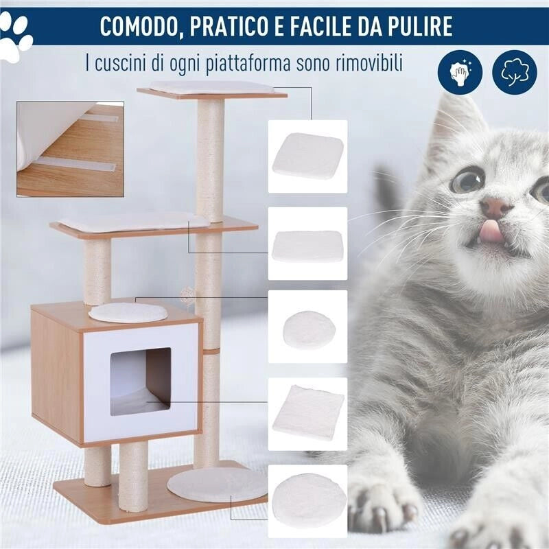 ALBERO PER GATTI IN SISAL CON CUCCIA, PIATTAFORME E GIOCHI, 60X40X120CM