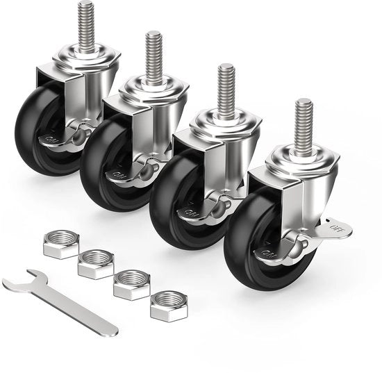 Pneumatici 75 mm (3 pollici) con freni pneumatici per mobili, M12 x 1,75 x 30 mm (diametro 12 mm, lunghezza 30 mm) pneumatici pesanti set di 4 pneumatici in gomma neri per mobili