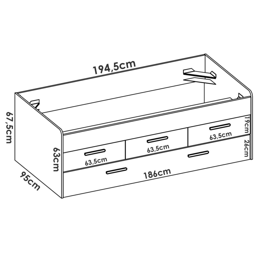 Letto per bambini Aftro, Struttura con secondo lettino estraibile, Letto singolo per cameretta con 3 cassettoni, 194x95h68 cm, Bianco