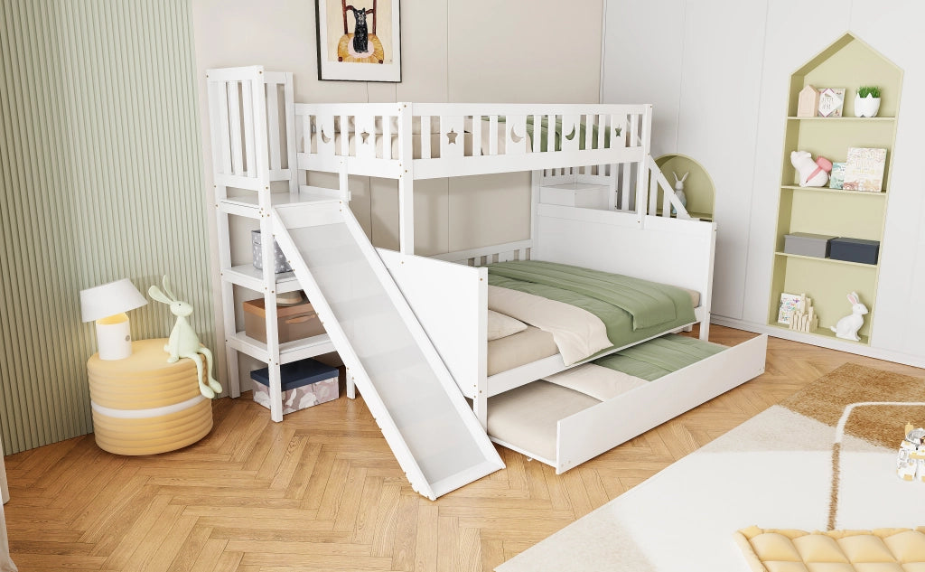 DESMIU Lit a castello per bambini 90 × 200 cm e 140 × 200 cm con scivolo, scala, vano contenitore e letto estraibile, senza materasso, bianco