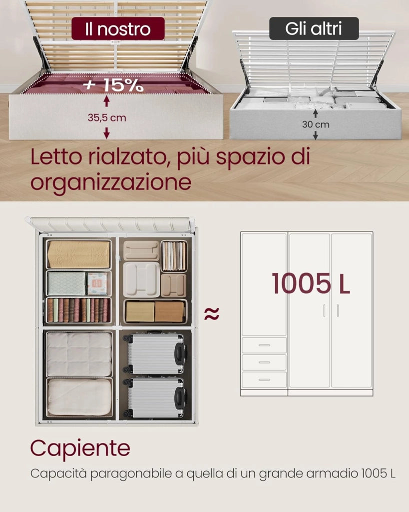 VASAGLE Struttura Letto, 160 x 200 cm, Letto Sollevabile con Contenitore, Testiera, Sollevamento Idraulico, Moderno e Semplice, Montaggio Facile, Beige Cappuccino RMB615LH01