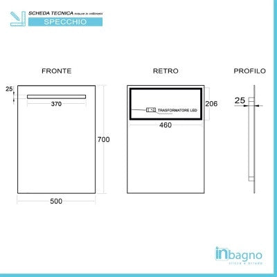 Specchio bagno 50x70 cm con fascia LED superiore bianco naturale