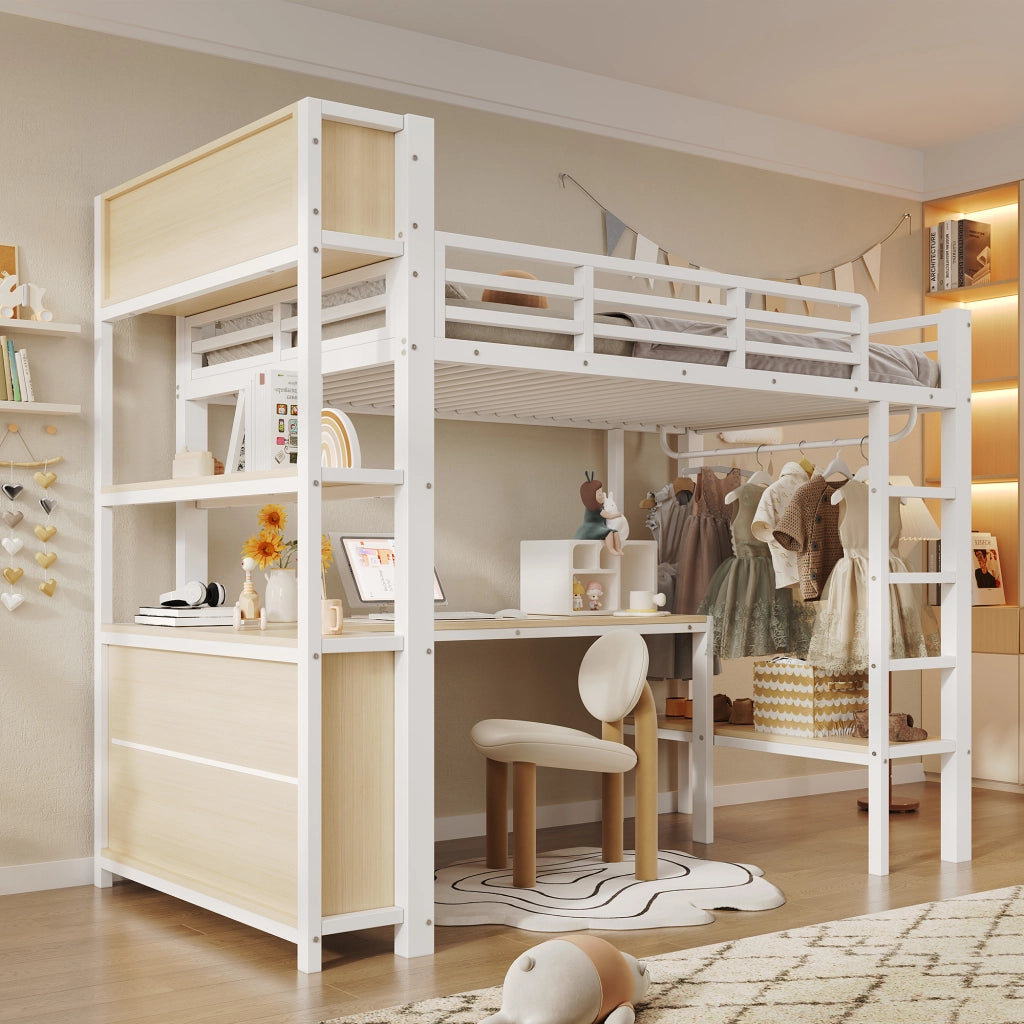 Letto a soppalco 90 × 200 cm con scrivania, guardaroba, ripiani e vani, senza materasso, bianco