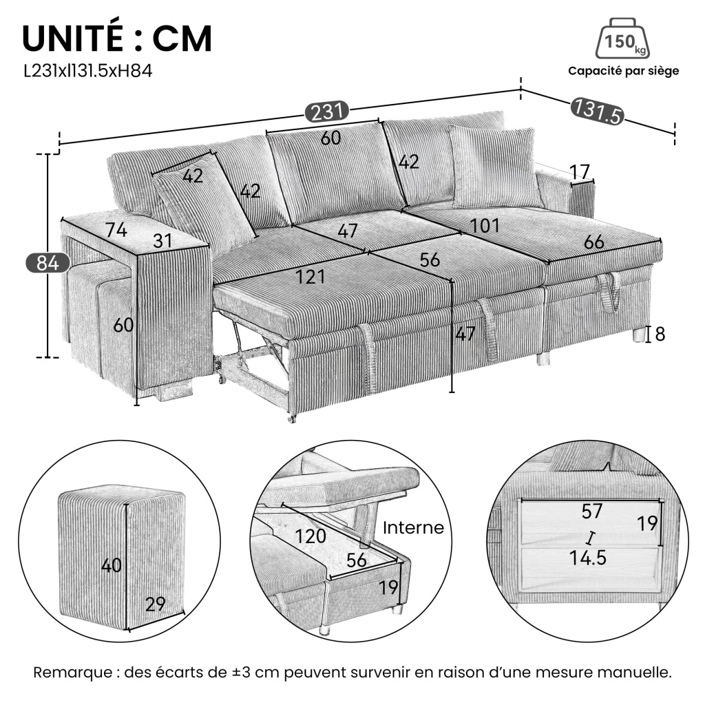 Divano Letto Angolare Convertibile 3-4 Posti con Vano Contenitore; USB e Type C; Bracciolo Largo e Mensola; in Velluto a Coste Beige