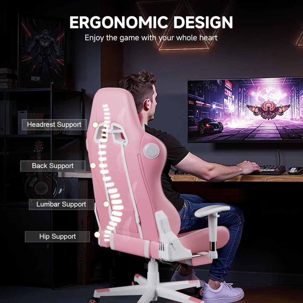 Sedia da gioco con poggiapiedi, altoparlante Bluetooth, sedia da gioco, ergonomica, sedia da ufficio, sedia da scrivania con barrières Réglables, 200 kg, rosa