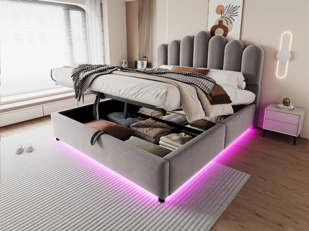 Letto imbottito 140x200 cm in velluto grigio con contenitore idraulico, LED e rete a doghe