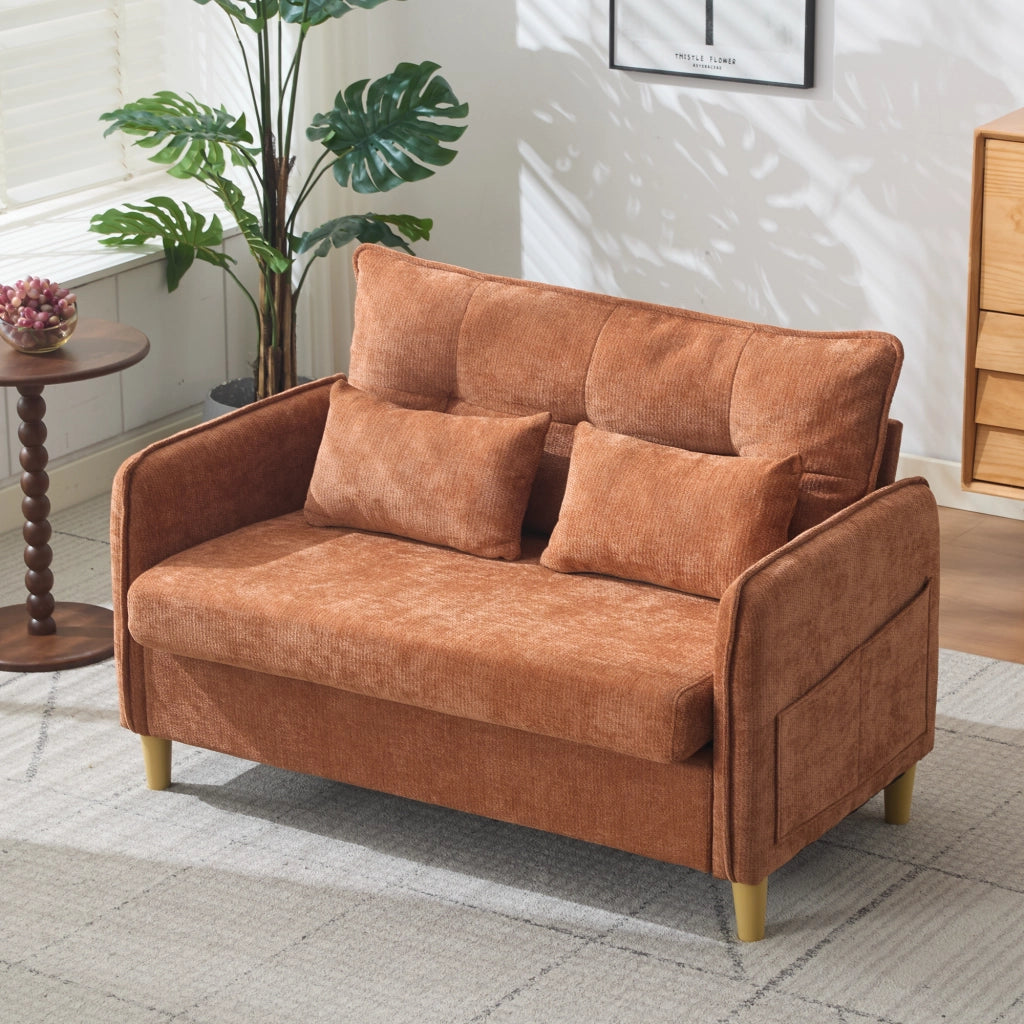 Divano 2 posti in ciniglia marrone con tasche laterali e cuscini; 127 x 75;5 x 83 cm