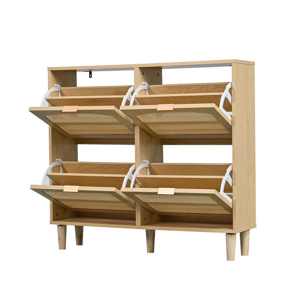 Scarpiera con 4 ante a ribalta in rattan e effetto rovere, per ingresso, con maniglie in legno, 100 × 25 × 90 cm