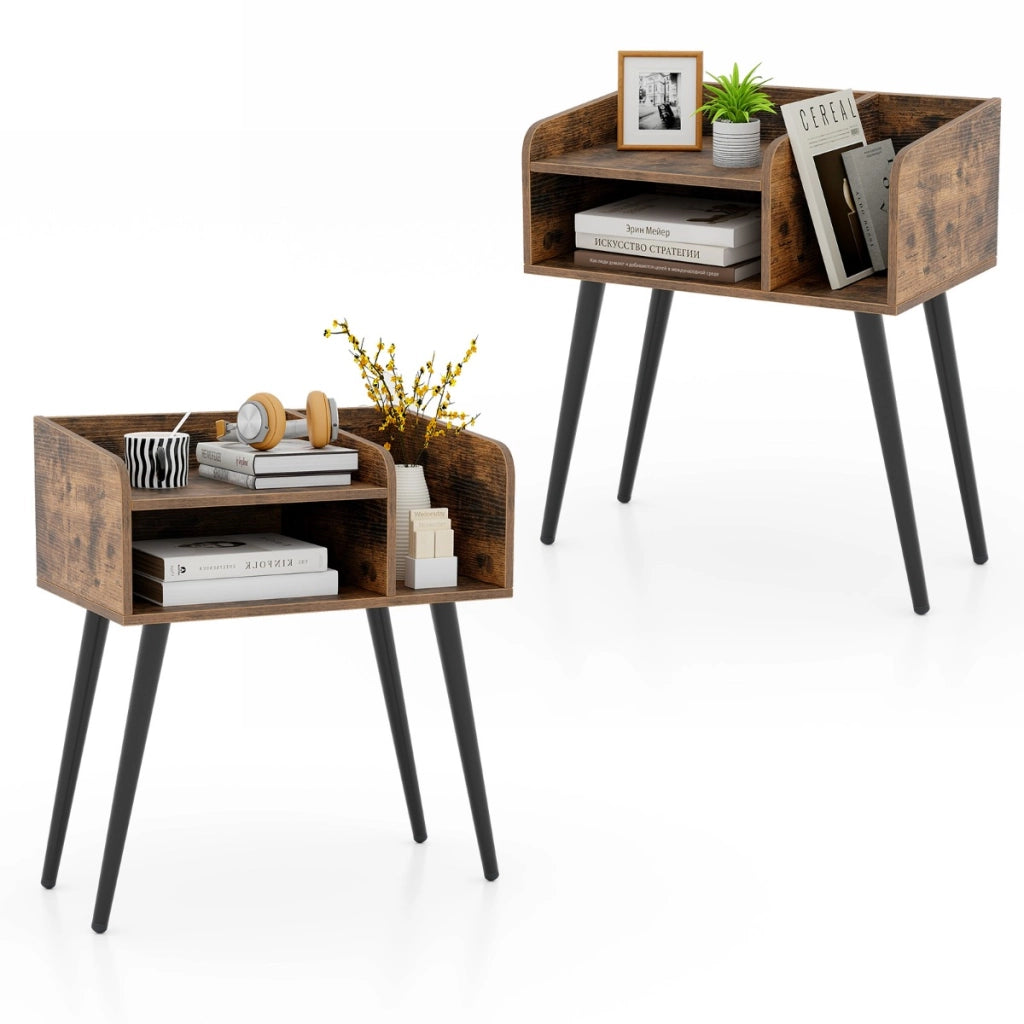 Set di 2 Comodini in stile moderno semplice ma pratico, Tavolini a 2 piani con mensole aperte Marrone rustico + Nero