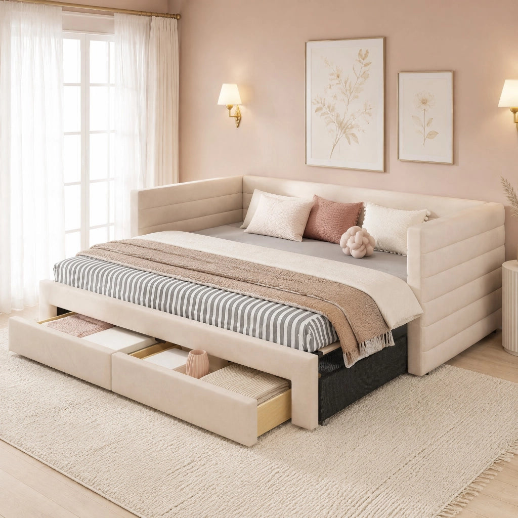 Divano letto imbottito estraibile 3 in 1 90x190 cm beige