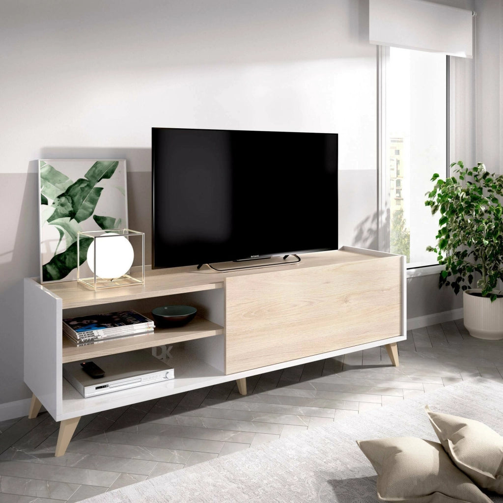 Mobile porta TV Allesia, Credenza bassa da soggiorno, Madia da salotto per televisione, 155x43h47 cm, Rovere e Bianco