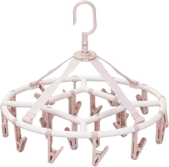 Raccogli capi - appoggio per abiti pieghevole - appoggio capi in plastica - 20 ganci per asciugatura - cerchio rosa chiaro