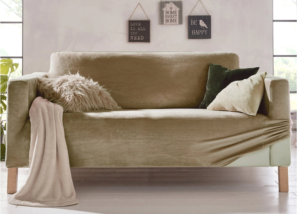 Copridivano Elasticizzato Effetto Velluto Modello Morbidissimo Colore Beige - 2 Posti - Beige