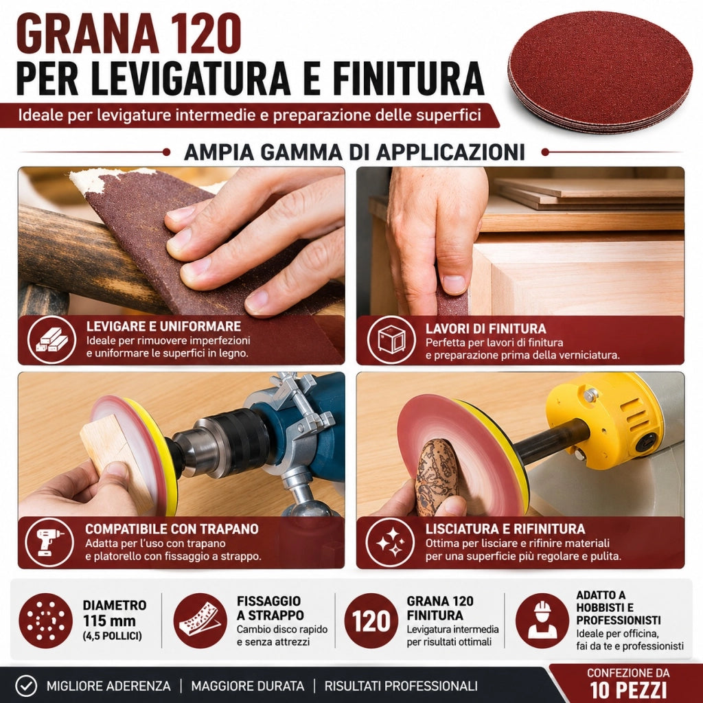 10 Pezzi Dischi Abrasivi 115 mm Grana 120 Carta Vetrata a Strappo 40308