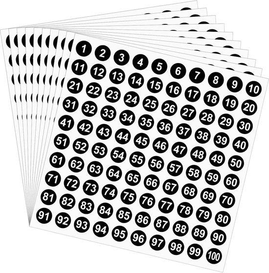 Etichette numeriche 1-100 - Etichette adesive autoattaccanti - Sticker rotondi - 10 fogli - Carta di alta qualità - 10 mm di diametro