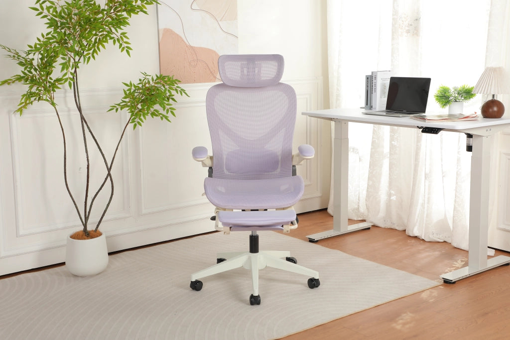 Sedia da ufficio ergonomica pieghevole con supporto lombare e poggiatesta regolabile in mesh viola per lavoro