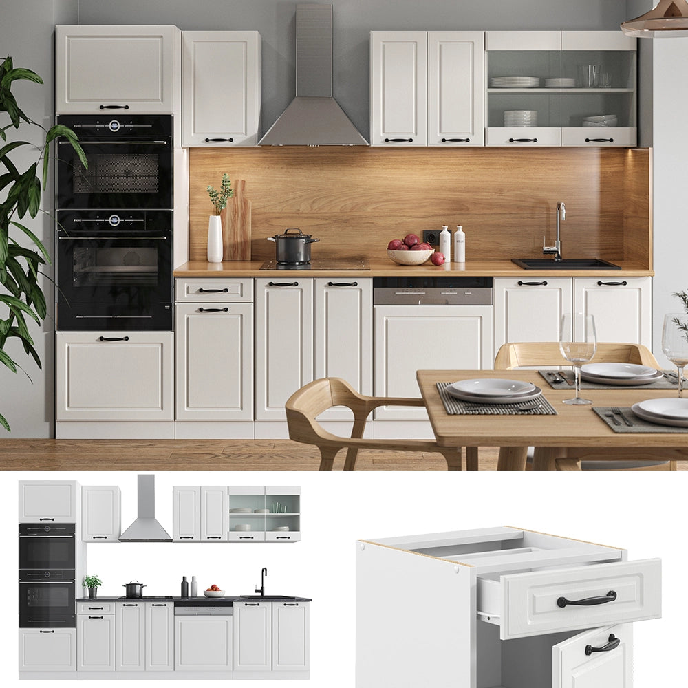 Vicco Cucina componibile Casa di campagna bianca/bianco 300 cm con armadio alto, PL Antracite