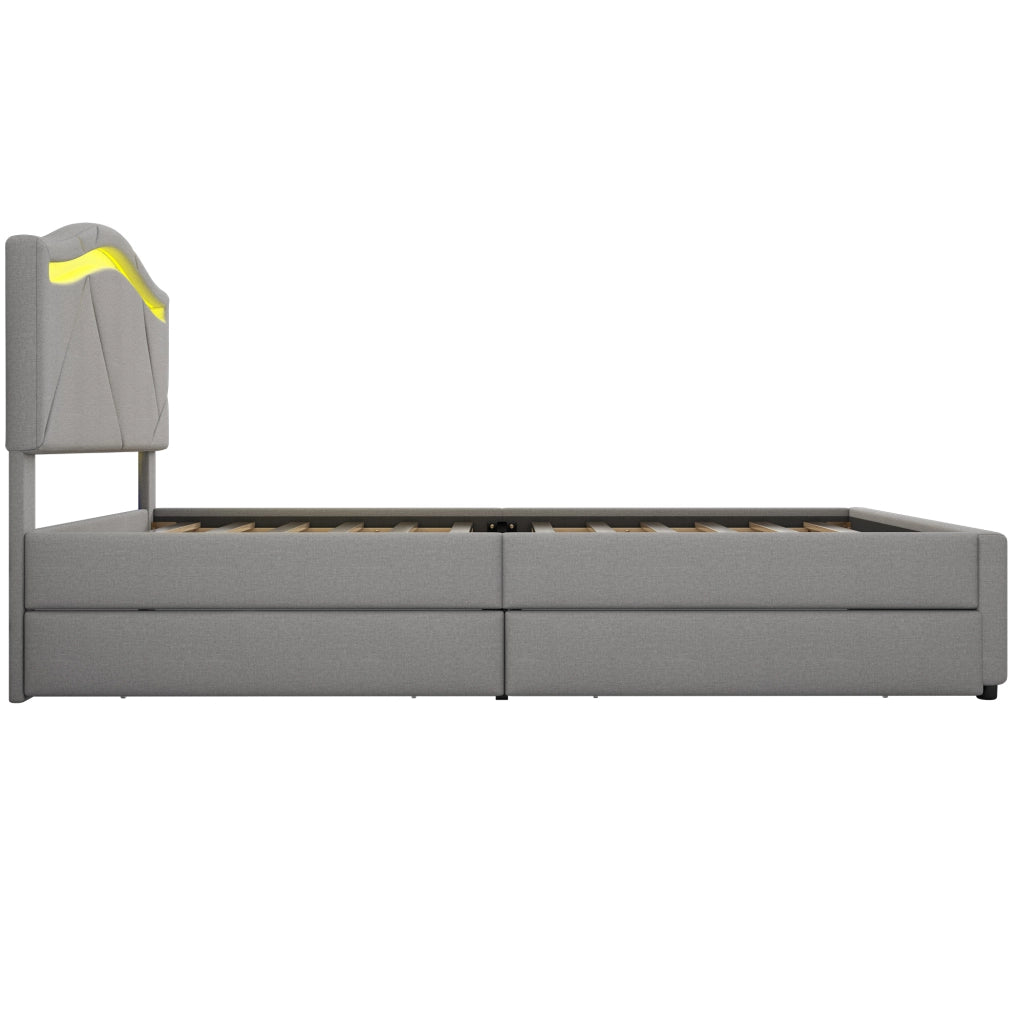 LETTO con LED e 2 cassetti 90x200 cm Lino e MDF Grigio