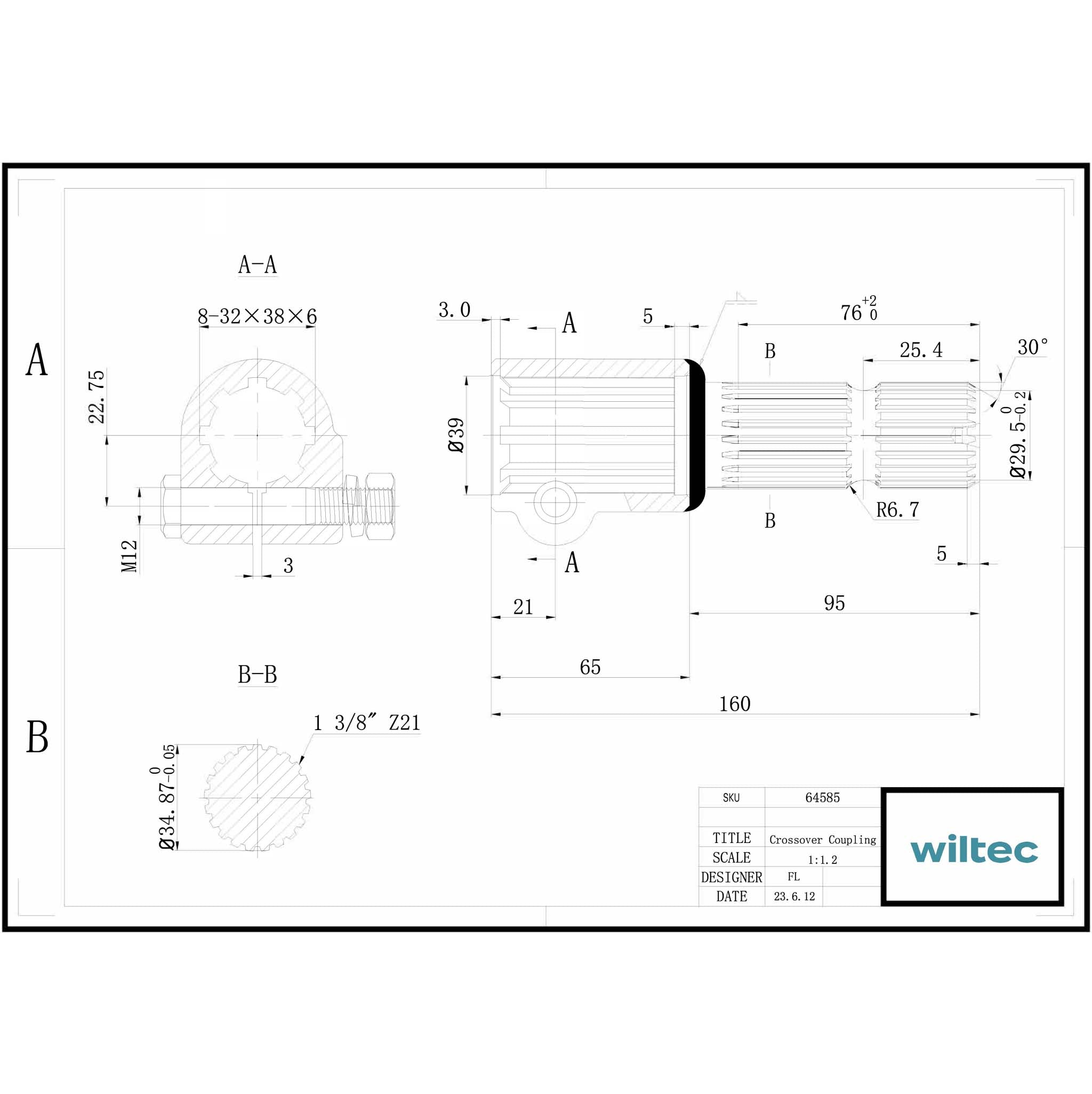 Boccola albero cardanico 160mm Attacco scanalato 8-32x38x6 per albero uscita 1 3/8" 21D Trattore