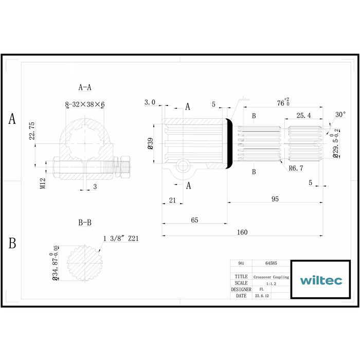 Boccola albero cardanico 160mm Attacco scanalato 8-32x38x6 per albero uscita 1 3/8" 21D Trattore
