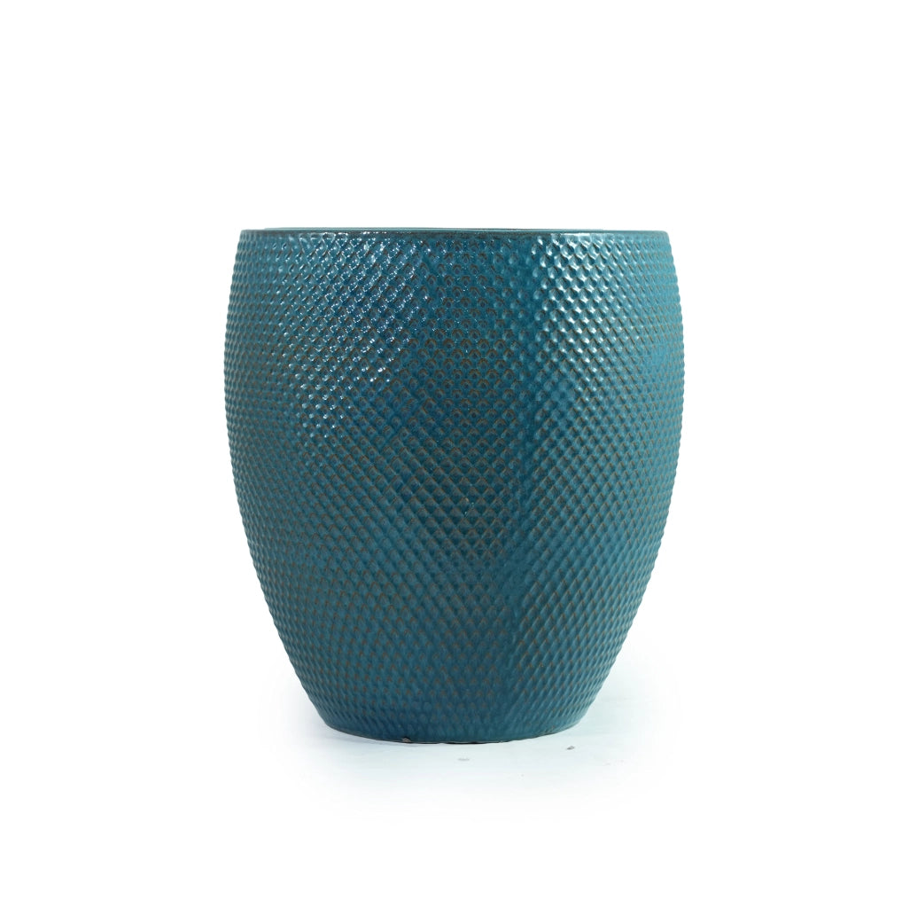 Vaso per piante grande in ceramica turchese diametro 46 cm con rilievo a rombi e drenaggio
