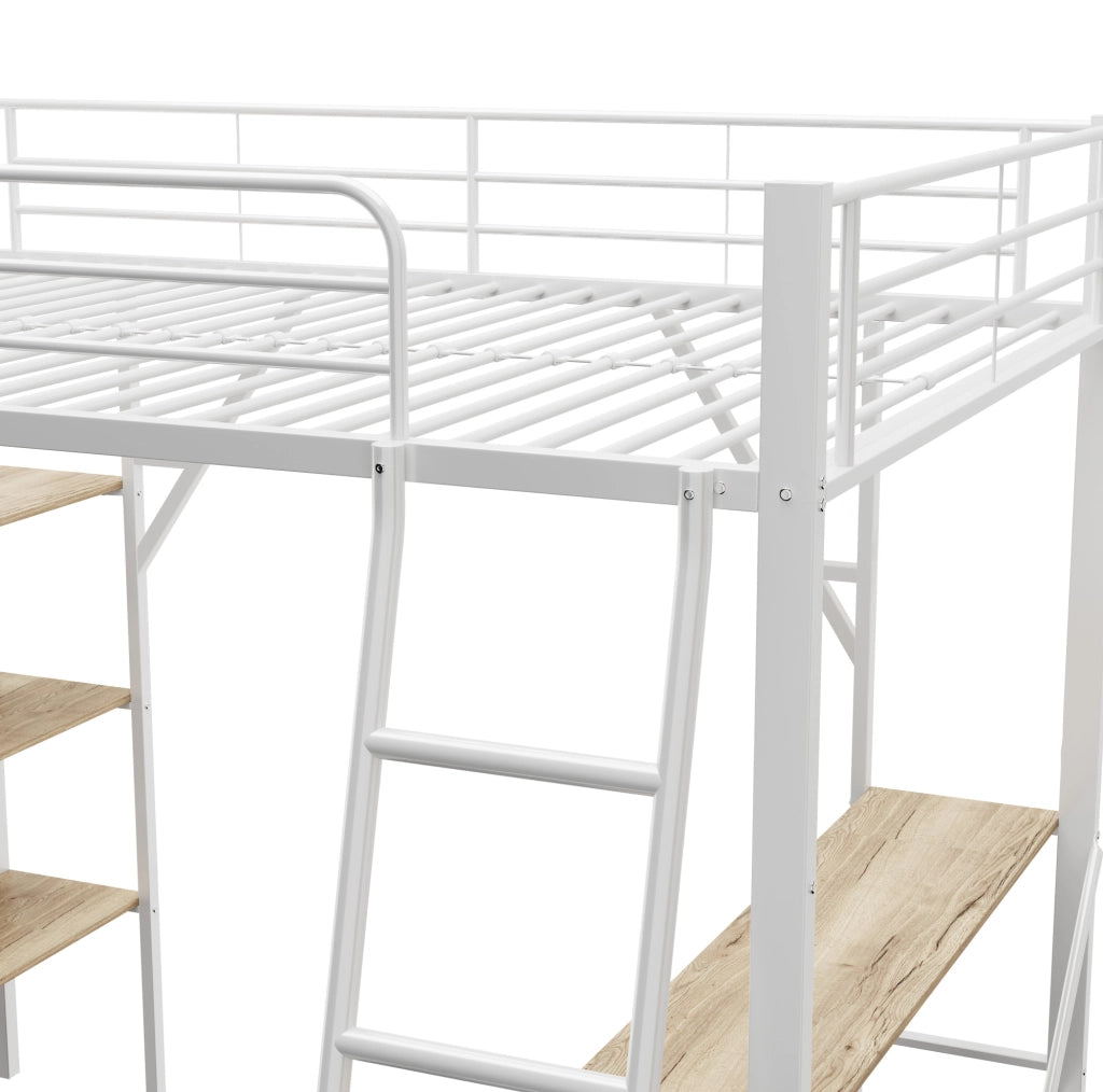 Letto a soppalco 90x200 cm con scrivania e ripiani, struttura in metallo e MDF, bianco