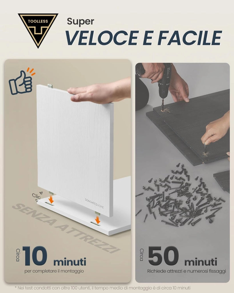 Comodini Sottili, Toolless Montaggio Super Veloce Senza Attrezzi, Set di 2 Tavolini con 2 Scomparti Aperti e 1 Cassetto, per Camera da Letto, 30 x 25 x 59,4 cm, Bianco Neve LET912WE01