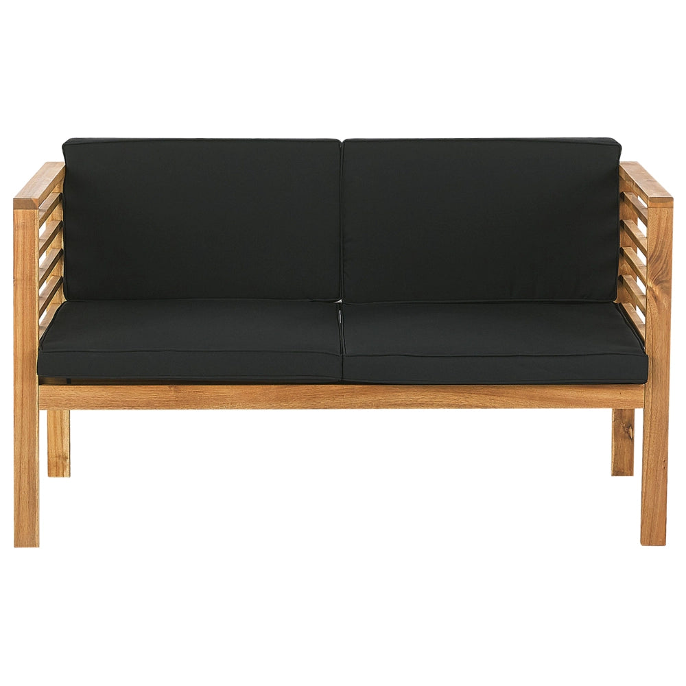 Set Conversazione Giardino Legno Acacia Cuscini Neri Moderno Esterno 4 Posti con Tavolino