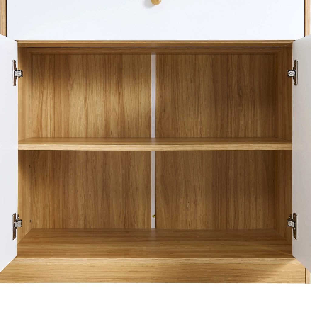Dispensa alta con LED e ripiani aperti in pannelli di particelle bianco e naturale per cucina 115 × 35 × 180 cm