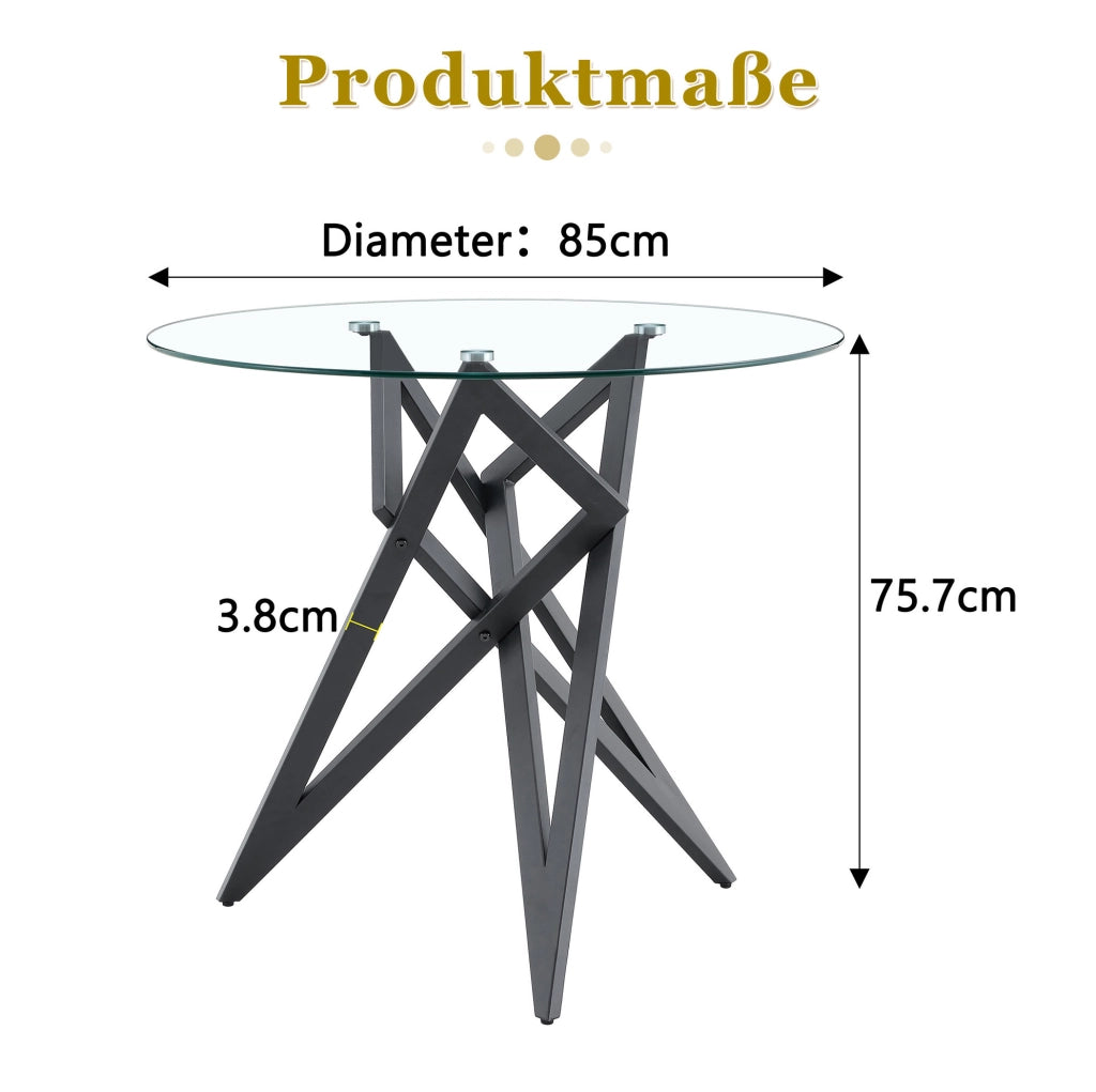 Tavolino basso rotondo Ø 85 cm nero; vetro temperato e metallo con base geometrica