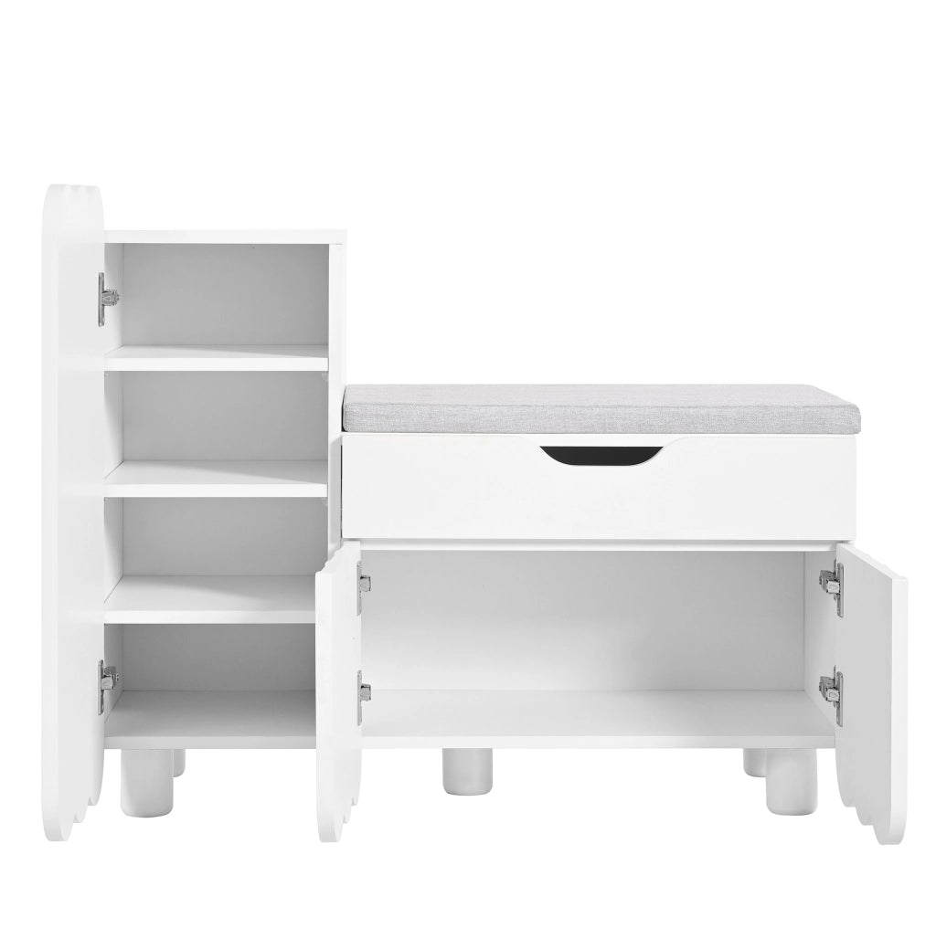 Scarpiera 90x35x74.5 cm con cassetto e seduta imbottita in MDF bianco