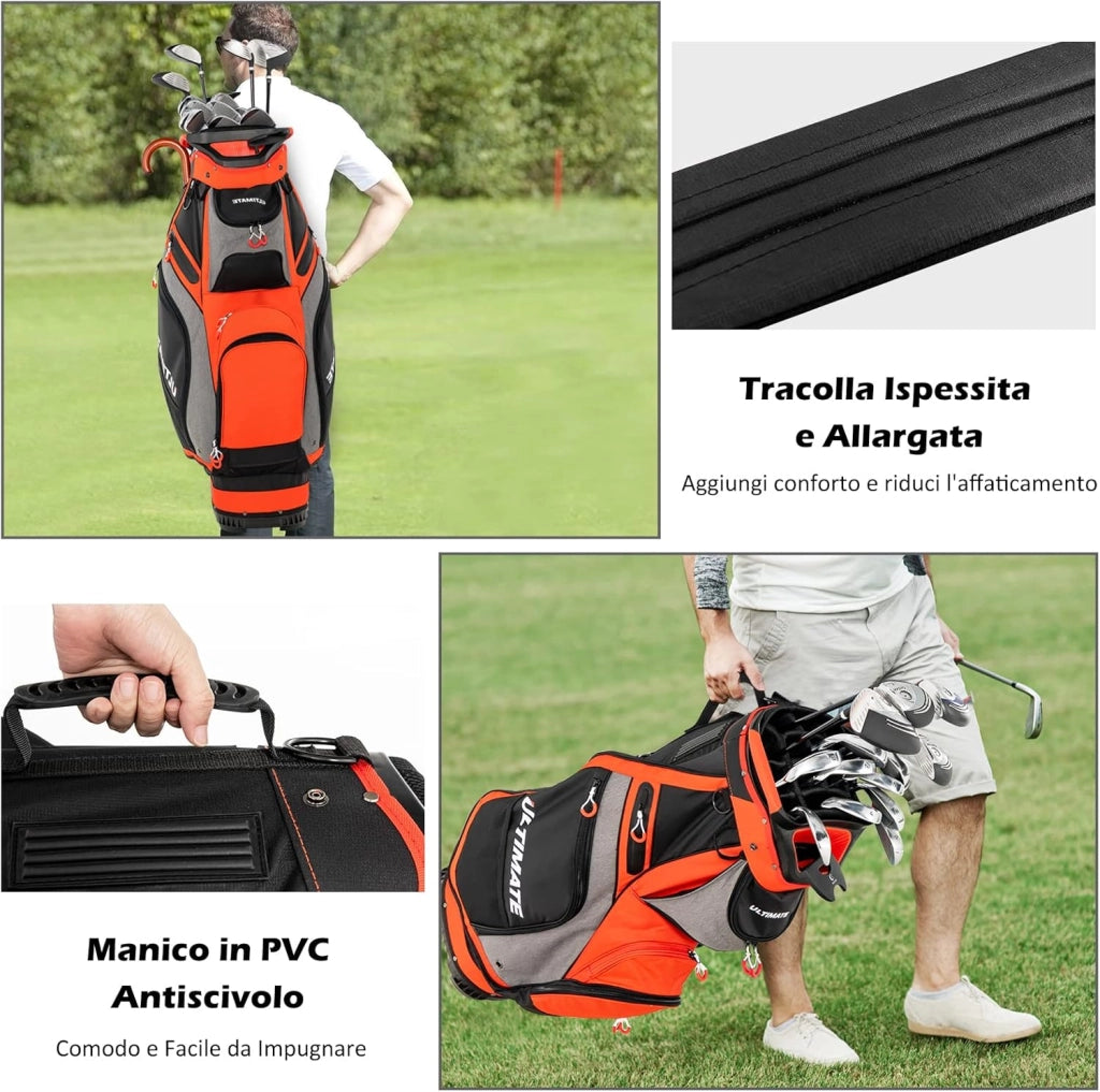 Borsa da Golf Portatile con 14 Divisori Superiori a Tutta Lunghezza, 7 Tasche con Cerniera, Cappuccio Antipioggia, Tracolla, Manico e Portaombrelli, Ideale per Uomini e Donne (Rosso e Grigio)
