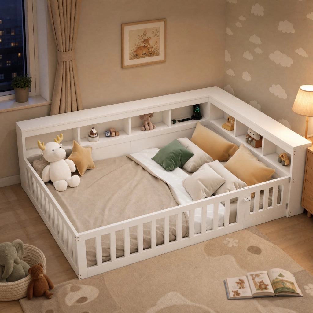 Daybett 140x190 cm con rete a doghe, vano contenitore laterale, prese USB, bianco