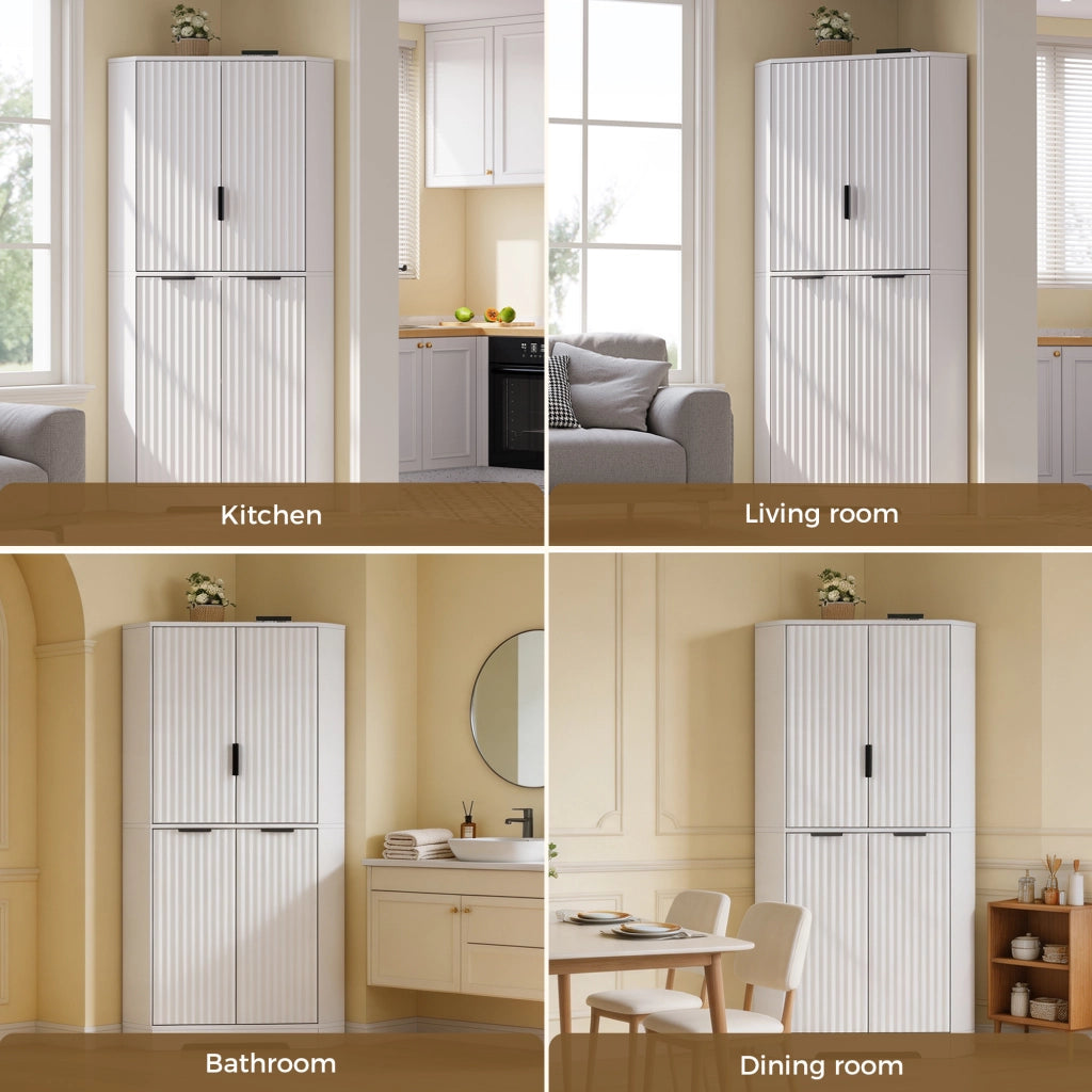 Armadio angolare con ripiani regolabili e ante scanalate; 60 x 60 x 172 cm; MDF bianco